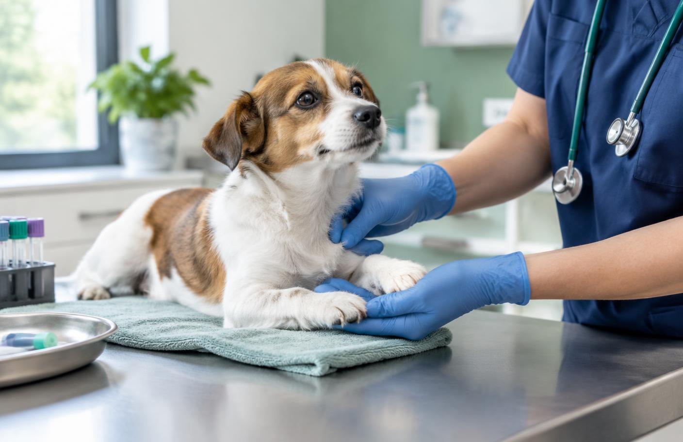 Small dog receiving a gentle health assessment at a veterinary clinic