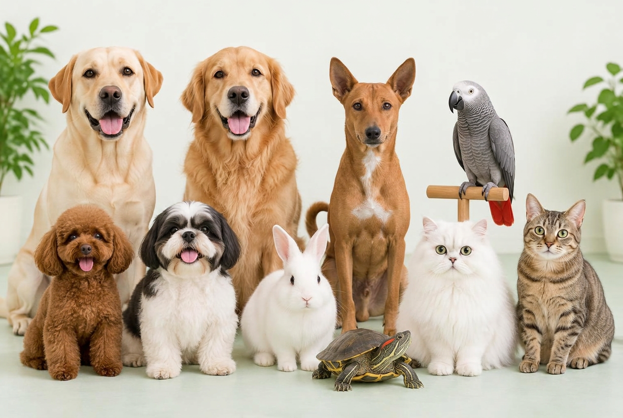 Labrador, Golden Retriever, Toy Poodle, Shih Tzu, Indian dog, white rabbit, red-eared slider turtle, African grey parrot, Persian cat and Indian cat