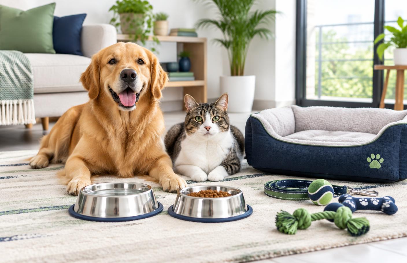 Dog and cat beside clean food bowls, a pet bed, leash and toys