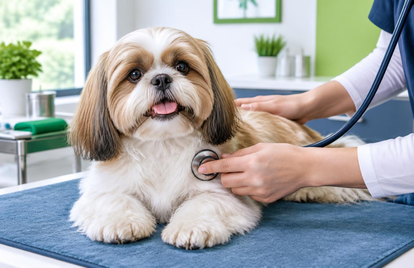 Shih Tzu receiving a gentle wellness examination at a veterinary clinic